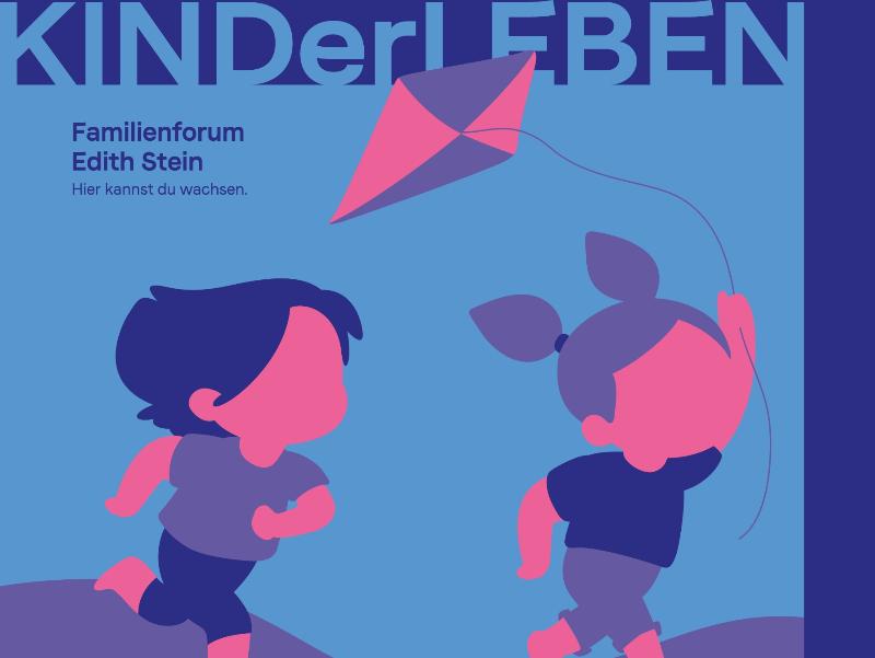 Ausschnitt aus dem Poster zur KINDerLEBEN Veranstaltung. Illustration zweier Kinder, die draußen über eine Landschaft laufen. Ein Kind lässt dabei einen Drachen steigen, der bis in den Schriftzug KINDerLEBEN hinein fliegt.