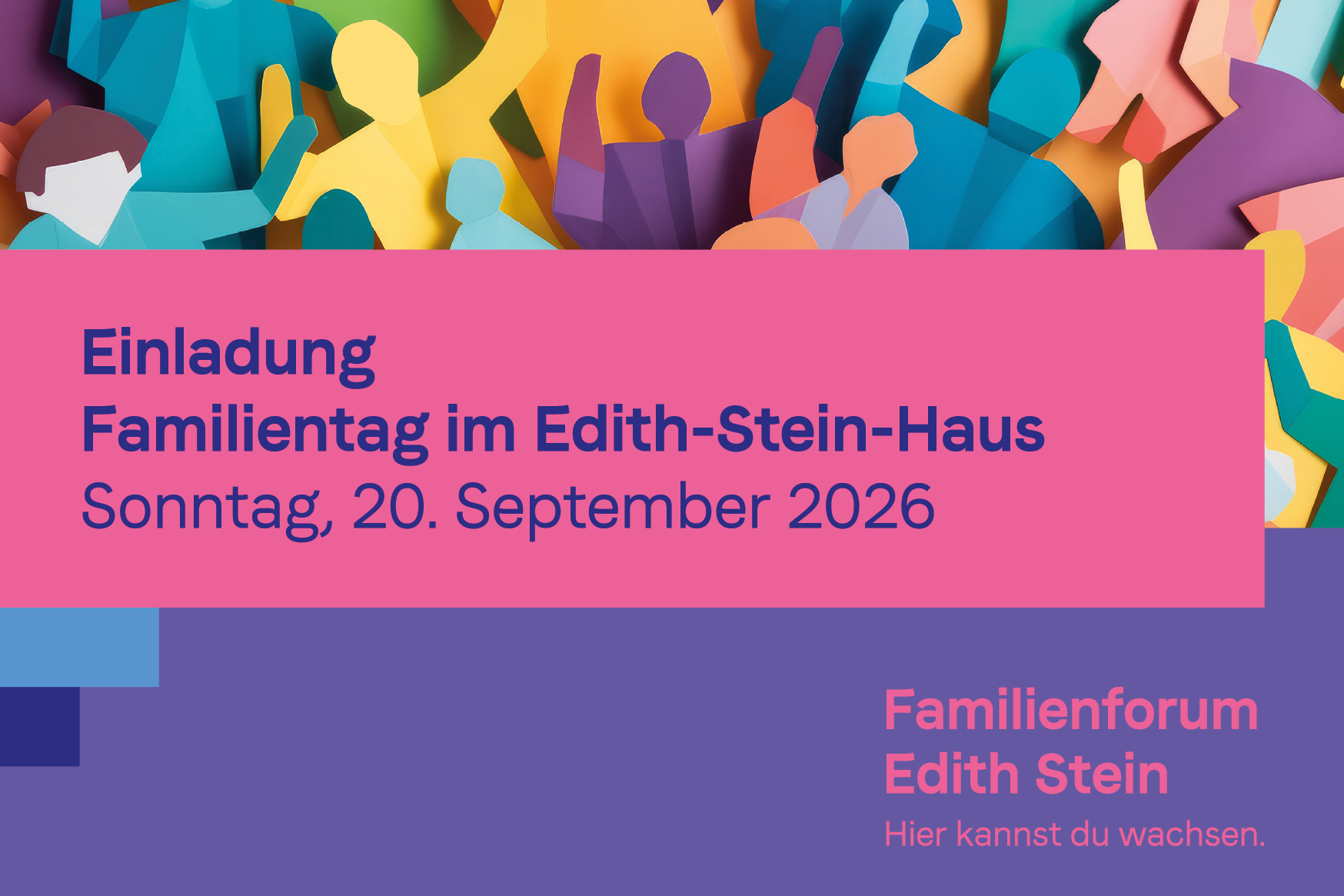 Einladungskarte zum Familientag mit einem bunten Bild von vielen, ausgeschnitteten Papierfiguren