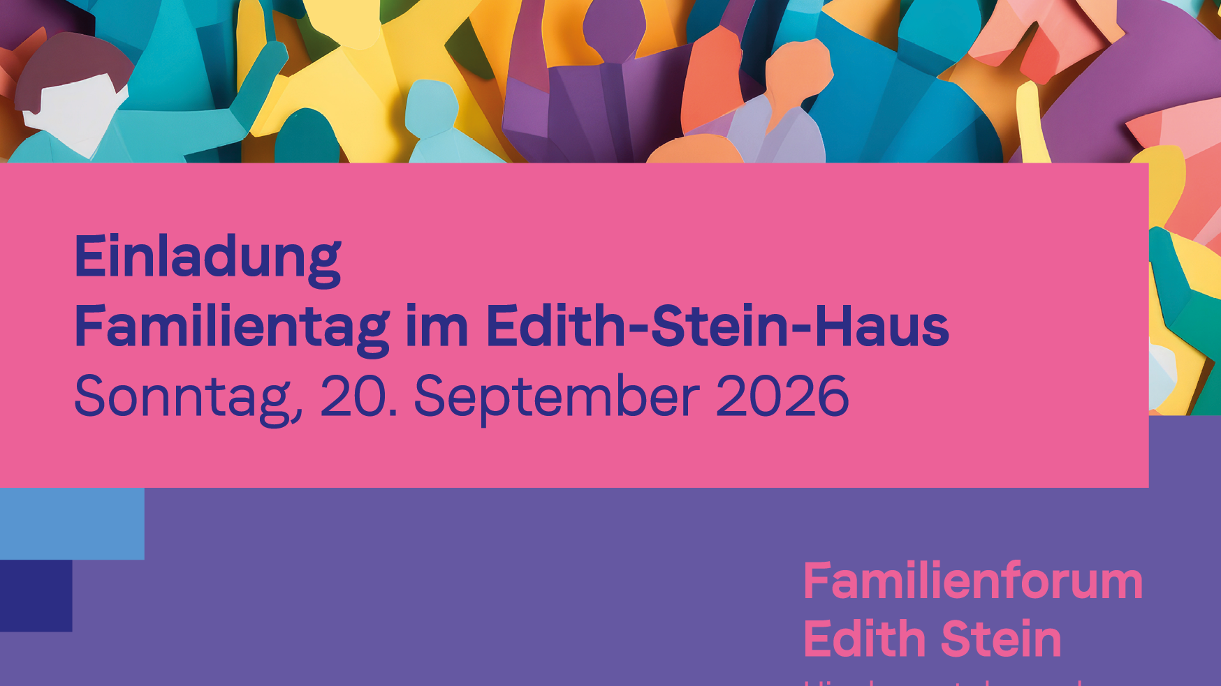 Einladungskarte zum Familientag mit einem bunten Bild von vielen, ausgeschnitteten Papierfiguren