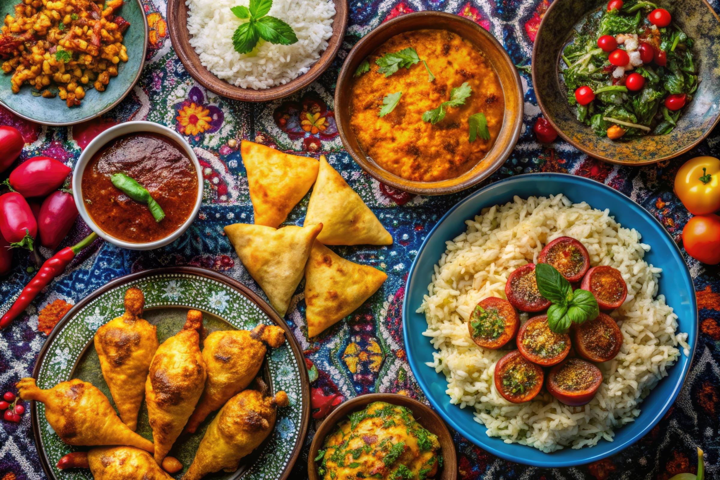 Auf einem Tisch sind viele verschiedene Gerichte und Dips in kleinen, bunten Schalen angerichtet.