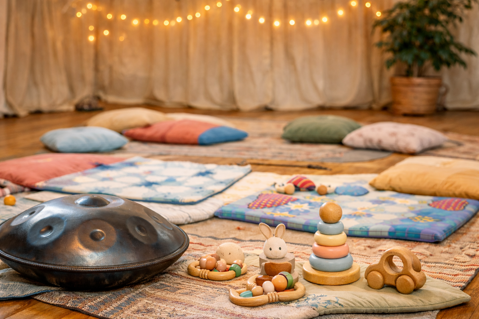 Ein Raum ist mit Krabbeldecken, Holzspielzeug und Krabbeldecken ausgelegt. Im Vordergrund ist eine Handpan als Musikinstrument zu sehen.