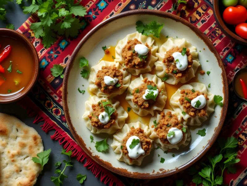 Auf einem Tisch ist ein Teller mit einem Teiggericht angerichtet. Um den Teller herum liegen verschiedene weitere Lebenesmittel wie frische Käuter und Brot.