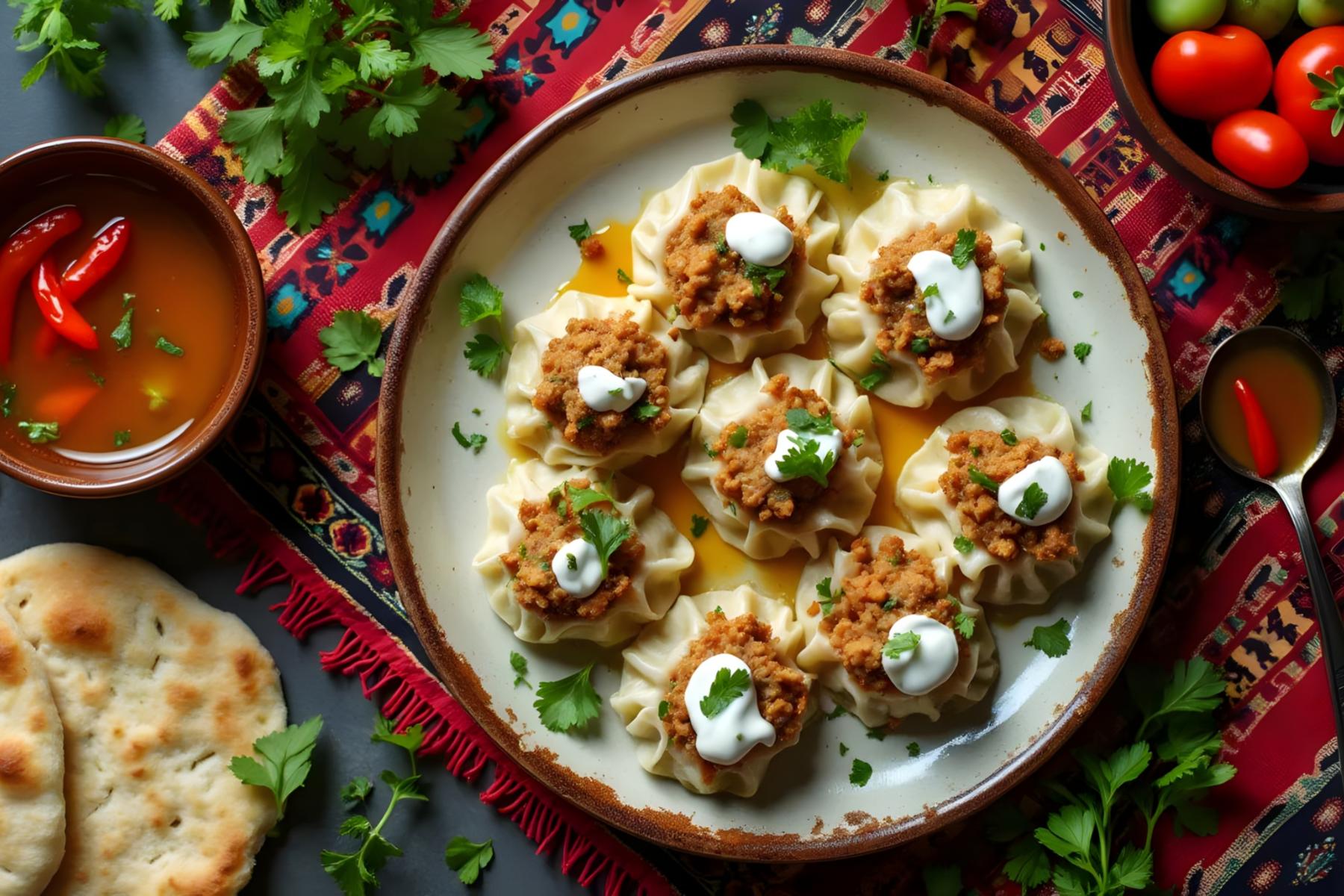 Auf einem Tisch ist ein Teller mit einem Teiggericht angerichtet. Um den Teller herum liegen verschiedene weitere Lebenesmittel wie frische Käuter und Brot.