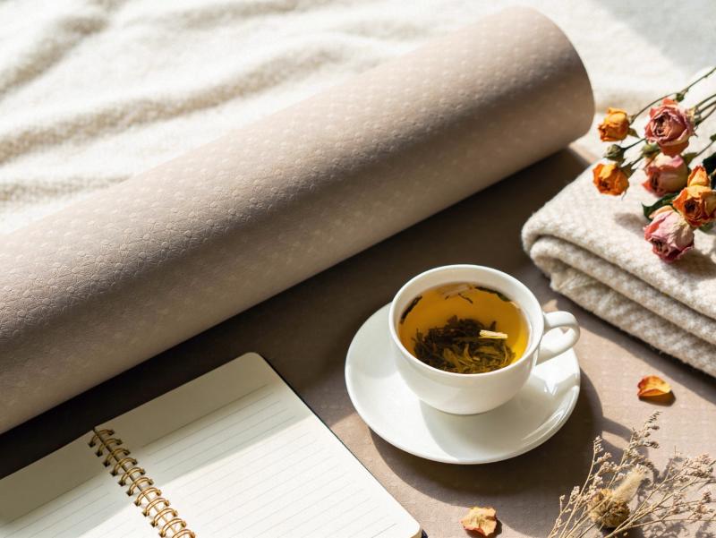 Auf einer Yogamatte stehen und liegen eine Tasse Tee, ein Schreibblock, getrocknete Blumen und ein Handtuch.