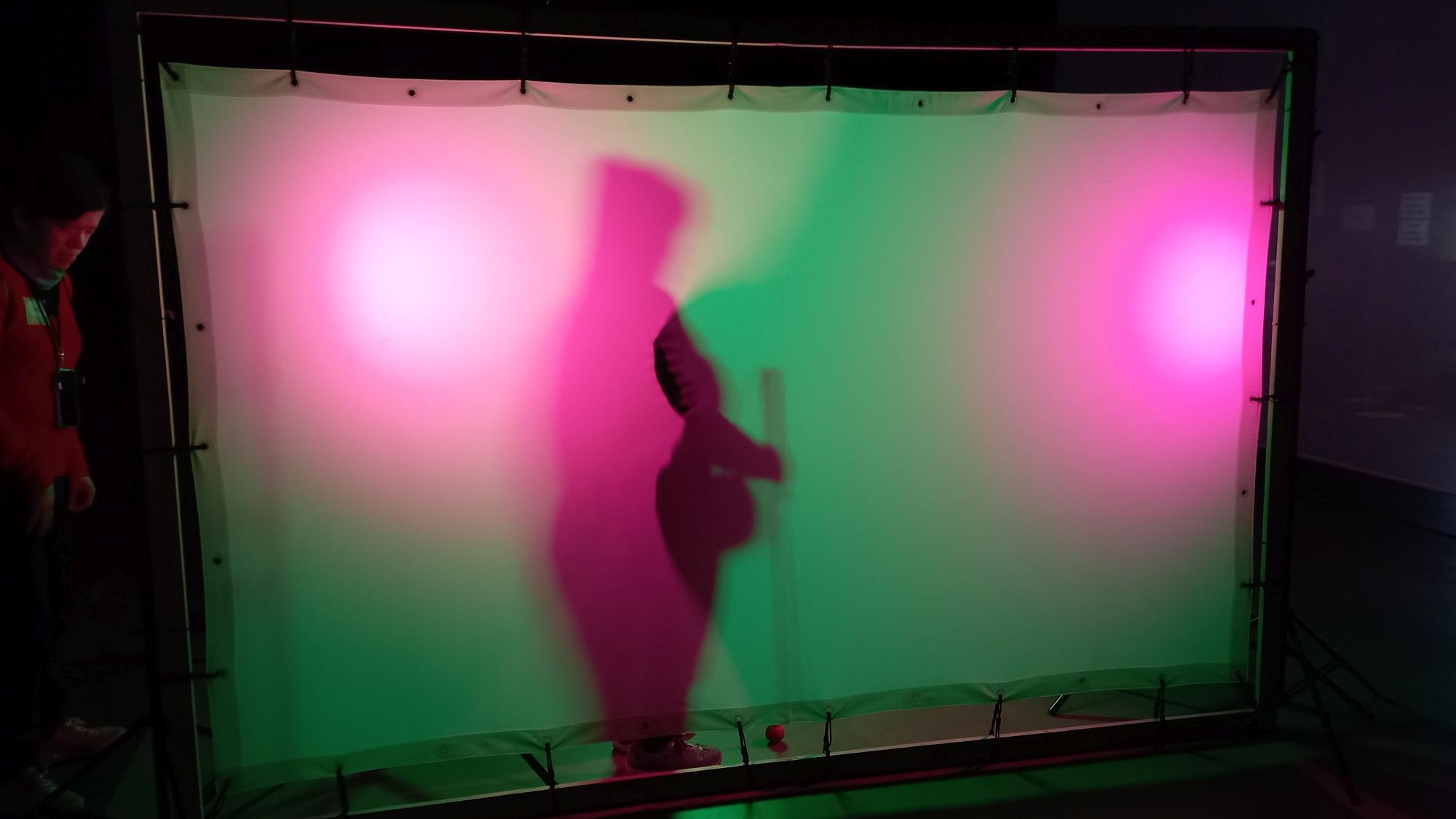 Der Schatten einer Frau hinter einem grün und pink beleuchteten Stoff ist zu sehen. Sie  hält einen Blindenstock bzw. Langstock in der Hand.  Neben dem Aufbau mit dem Tuch steht eine weitere Person.